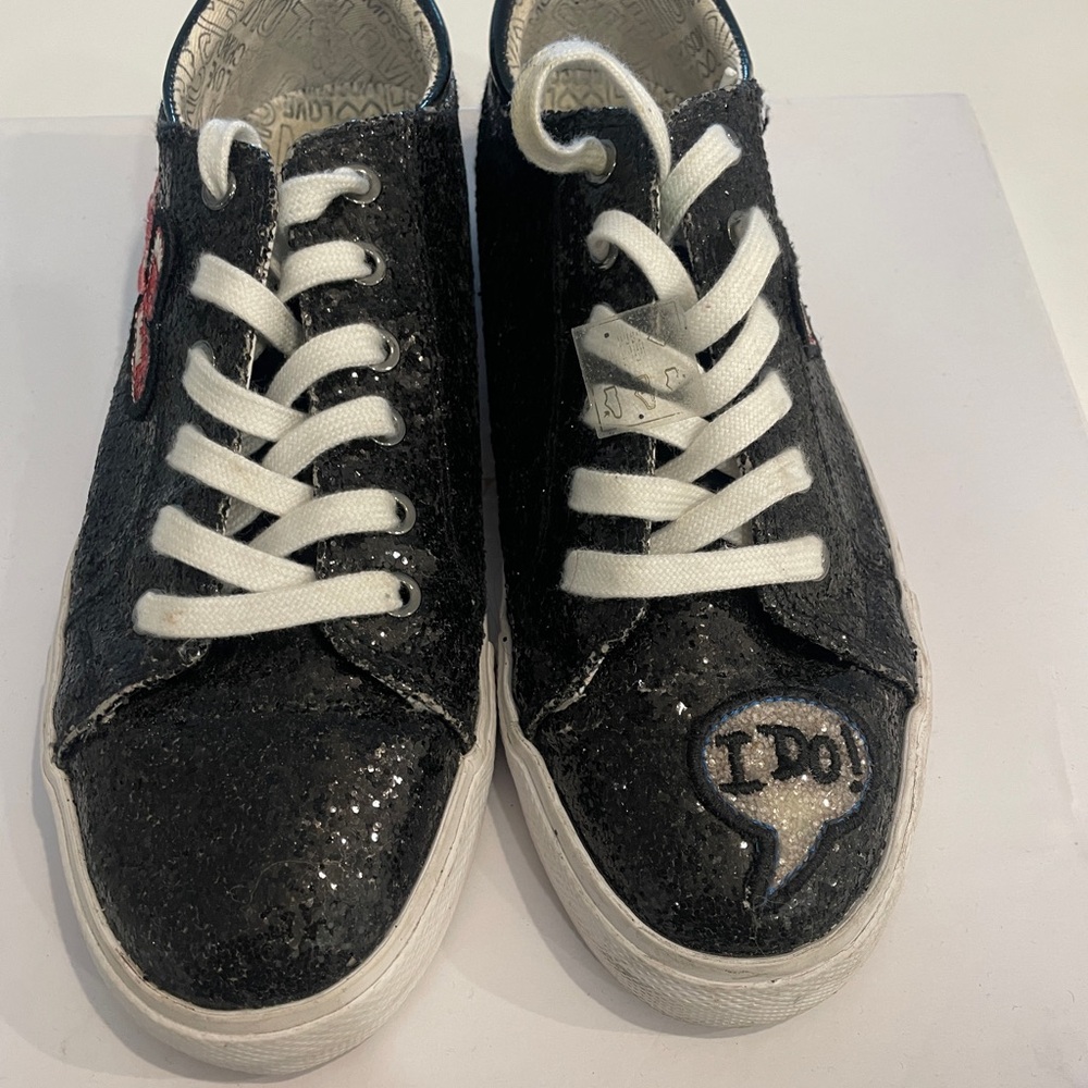 One of a kind Love Moschino “I Do”
 Black Sequin Sneakers